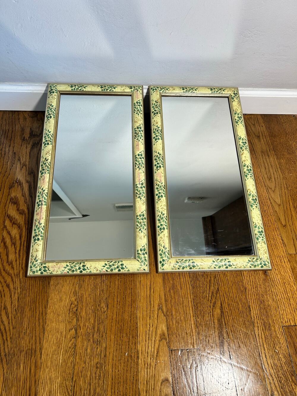 Vintage Floral Mirror Set of 2, Gold Tone Wall Mirrors, Green with pink Frames